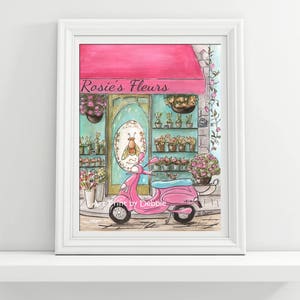 Personalized French Flower Shop Print, Gift For Daughter, Paris Theme Nursery, Pink Paris Bedroom Decor, Paris Baby Shower Gift Idea, Vespa