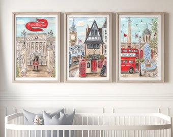 Láminas personalizadas de viaje a Londres, juego de 3 pósteres de Londres, arte para guardería infantil, estación de Paddington, Trafalgar Square, decoración con la bandera británica.