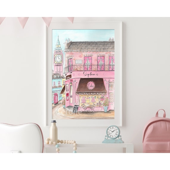 Pink London Wall Art Personalized, Nursery Artwork, Bakery Print For Girls Bedroom, Cute Cake Shop, London Gift,  Baby Shower Gift