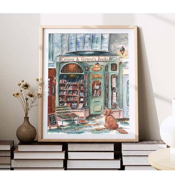 Reading Nook Decor, Personalized Bookshop Print, Extra Large Playroom Wall Art, Bookshelf Decor, Library Sign, Blue Boys Room Decor