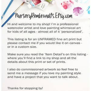 May include: Text overlay on a white background with paint tubes and colorful paint splatters. The text reads "NurseryRembrandts.Etsy.com" and includes a welcome message from the artist.
