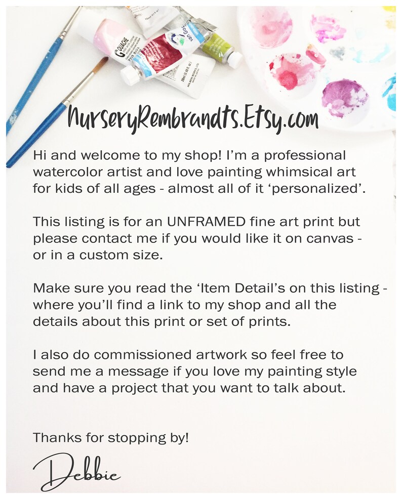 May include: Text overlay on a white background with paint tubes and colorful paint splatters. The text reads "NurseryRembrandts.Etsy.com" and includes a welcome message from the artist.