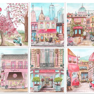 K&ouml;nnte beinhalten: Ein Set aus sechs Aquarellbildern, die charmante europ&auml;ische Stadtlandschaften darstellen. Jedes Bild zeigt ein anderes Gesch&auml;ft mit einzigartigen Details, darunter eine B&auml;ckerei, eine Boutique, ein Caf&eacute; und eine Buchhandlung. Die Bilder sind voller lebendiger Farben und skurriler Details wie Blumen, Fahrr&auml;der und Roller.