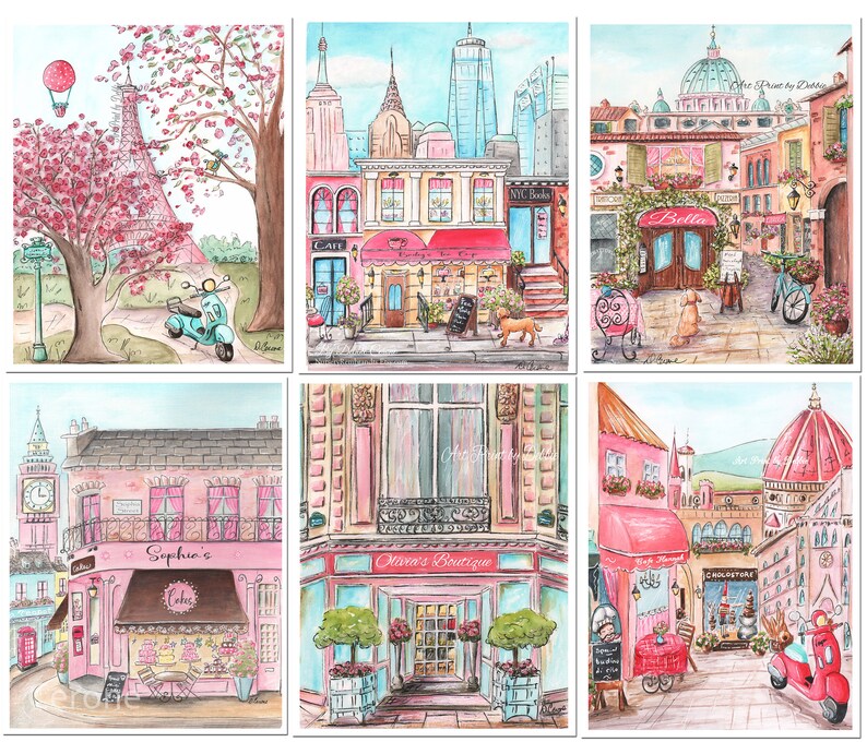 K&ouml;nnte beinhalten: Ein Set aus sechs Aquarellbildern, die charmante europ&auml;ische Stadtlandschaften darstellen. Jedes Bild zeigt ein anderes Gesch&auml;ft mit einzigartigen Details, darunter eine B&auml;ckerei, eine Boutique, ein Caf&eacute; und eine Buchhandlung. Die Bilder sind voller lebendiger Farben und skurriler Details wie Blumen, Fahrr&auml;der und Roller.