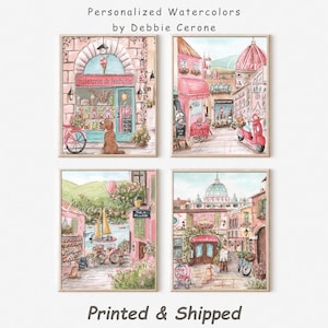 Personalized Italian Baby Girl Wall Art, Travel Theme Nursery Prints, Florence, Rome, Lake Como Italy, Set Of 4, Blush Pink Bedroom Decor