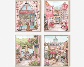 Personalisierte Wandbilder für Mädchenzimmer im italienischen Reisestil, Florenz, Rom, Comer See, Italien, 4er-Set, Schlafzimmerdekoration in Rosa