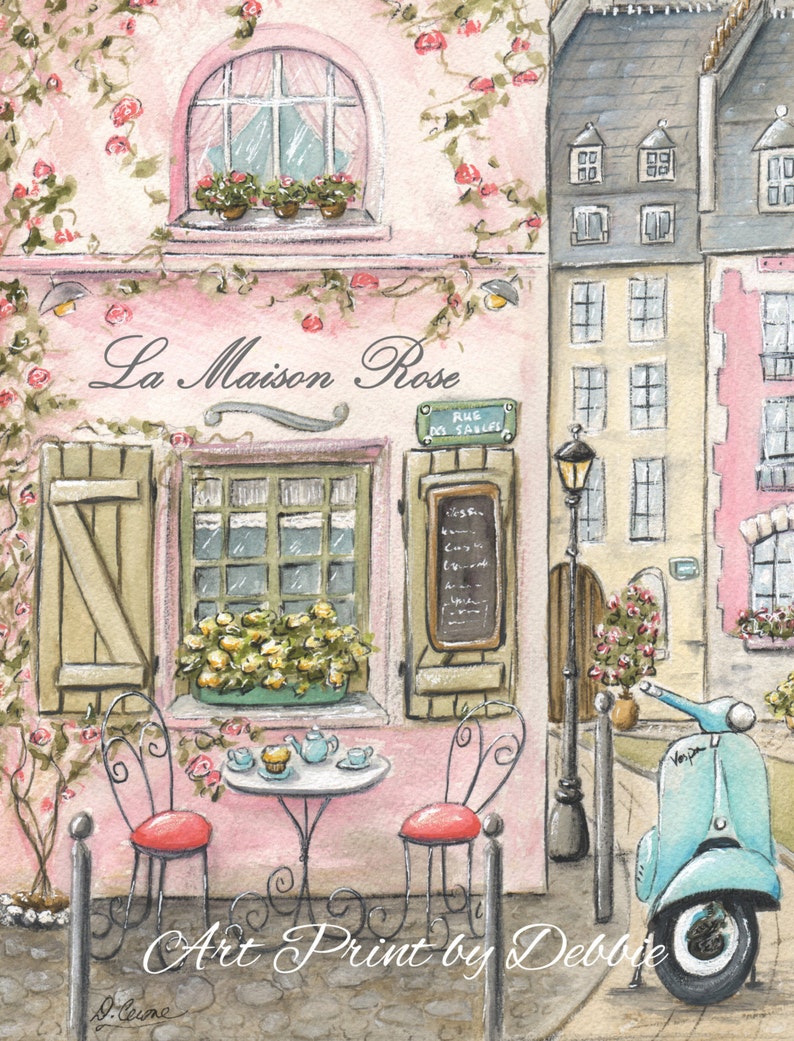 Paris Wall Art Paris Cafe Coral and Gray Paris Decor Pink Etsy