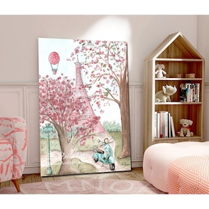 Eiffel Tower Paris Art Print, Pink Cherry Blossom Trees Flowers, French Travel Poster Illustration For Girls Room, Cute Colorful Watercolor