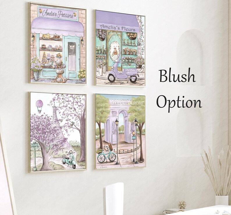 May include: Four framed illustrations in a blush color palette. The top left image shows a pastel blue storefront with the text "Amelia's Patisserie". The top right image shows a pastel blue storefront with the text "Amelia's Fleurs". The bottom left image shows a purple Eiffel Tower with a scooter in front of it. The bottom right image shows a purple archway with a scooter in front of it.