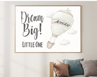 Dream Big Little One Travel Nursery Print, Neutral Minimal Art, Vintage Hot Air Balloon, Personalized Baby Name, Adventure Theme Baby Shower