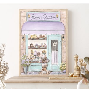 Personalized French Patisserie Watercolor, Paris Bedroom Decor, With Girls Name, Vintage Shabby Chic Lavender And Teal, 6 Sizes 5x7 To 24x36