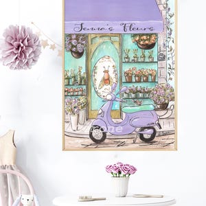May include: A purple scooter parked in front of a flower shop called "Jenna's Fleurs". The shop has a lavender awning and a window with a bee illustration. There are flowers and plants in pots displayed outside the shop.