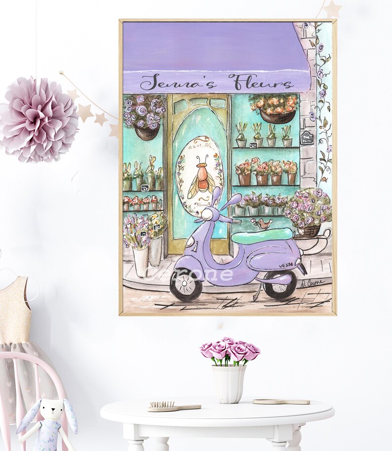 May include: A purple scooter parked in front of a flower shop called "Jenna's Fleurs". The shop has a lavender awning and a window with a bee illustration. There are flowers and plants in pots displayed outside the shop.