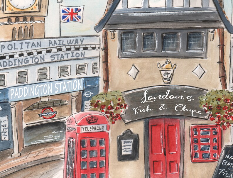 Puede incluir: Una ilustraci&oacute;n de acuarela de una escena callejera de Londres con una cabina telef&oacute;nica roja, un edificio con un letrero que dice "London's Fish & Chips", y un edificio con un letrero que dice "Paddington Station".