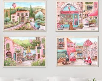 Láminas infantiles italianas, juego de 4 láminas físicas personalizadas, habitación infantil con temática de viajes para niñas, regalo para baby shower en Italia, Roma Florencia Costa