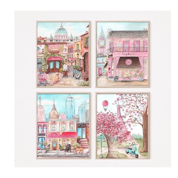 Travel Theme Nursery Decor, Personalized Gift For Newborn Girl, World Travel Art, Set Of 4 Pink City Prints, New York, London, Paris, Rome
