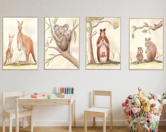 Australian Animals Nursery Wall Art, Set Of 4 Aussie Watercolor Prints, Australia Baby Shower Gift, Mom & Baby Tree Kangaroo Koala Quokka