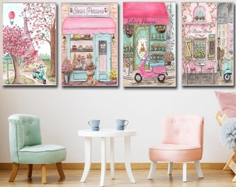 Parijs kunst aan de muur, aangepaste naamposters, kunst aan de muur peuter meisje, set van 4 reisthema Franse kinderkamer prints, Parijs cadeau, meisjes slaapkamer decor