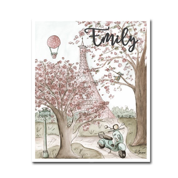 Personalized Eiffel Tower Paris Print Girls Paris Themed Vintage Bedroom Blush Pink Eiffel Tower Picture Nursery Wall Art Paris Baby Gift