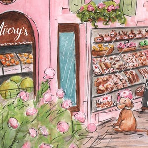Pode incluir: Uma ilustra&ccedil;&atilde;o em aquarela de uma vitrine de padaria rosa com uma placa que diz "Avery's". A vitrine da padaria exibe uma variedade de bolos e produtos assados. Um pequeno c&atilde;o marrom est&aacute; sentado na cal&ccedil;ada olhando para os bolos. Uma placa de quadro-negro diz "Sprinkled with love!"
