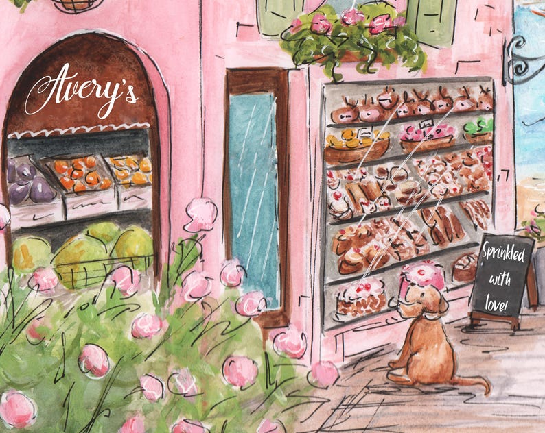 Pode incluir: Uma ilustra&ccedil;&atilde;o em aquarela de uma vitrine de padaria rosa com uma placa que diz "Avery's". A vitrine da padaria exibe uma variedade de bolos e produtos assados. Um pequeno c&atilde;o marrom est&aacute; sentado na cal&ccedil;ada olhando para os bolos. Uma placa de quadro-negro diz "Sprinkled with love!"