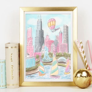 May include: A watercolor painting of the Chicago skyline with a hot air balloon in the sky. The painting features the iconic Willis Tower, the John Hancock Center, and the Buckingham Fountain. There are also sailboats in the water and a sculpture in the park.