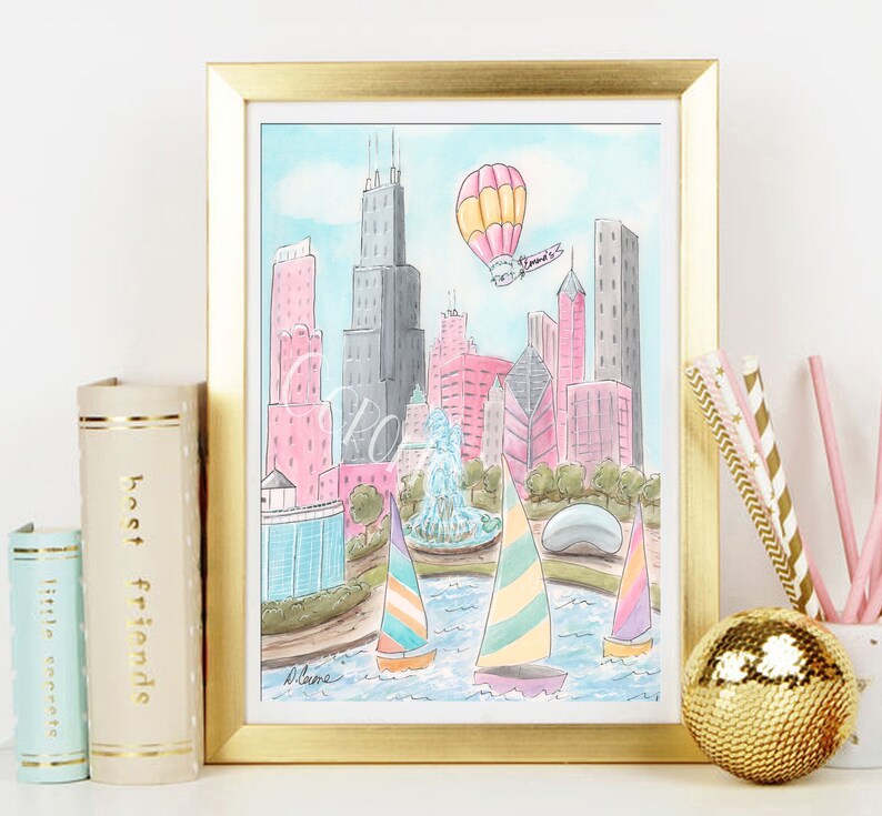 May include: A watercolor painting of the Chicago skyline with a hot air balloon in the sky. The painting features the iconic Willis Tower, the John Hancock Center, and the Buckingham Fountain. There are also sailboats in the water and a sculpture in the park.