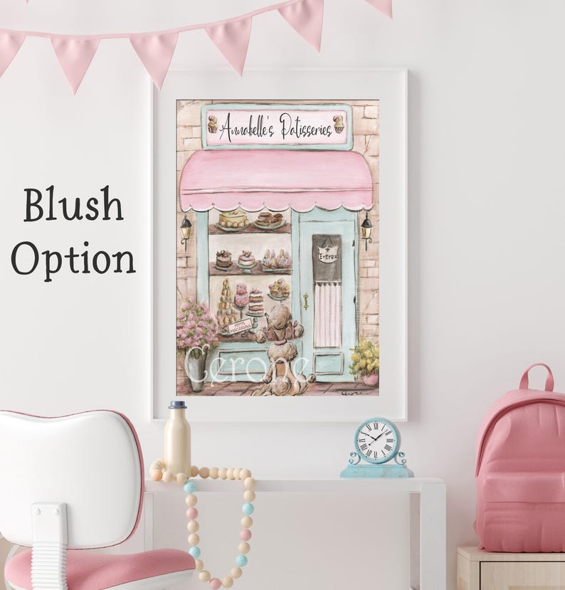 Custom Name Paris Watercolor Print, Personalized French Laduree Patisserie Poster, Travel Theme Baby Shower Gift, Baby Girl Nursery Wall Art image 3
