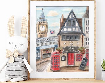 Acuarela personalizada de Londres, arte infantil con temática de viajes, regalo de primer cumpleaños de Paddington, letrero con el nombre del bebé niño, impresión física personalizada sin marco