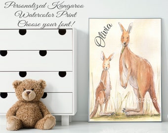 Kangaroo Baby Print, Personalized Watercolor Fine Art Print, Aussie Gift, Australian Baby Animal Wall Art, Baby Animal Print Kangaroo Art