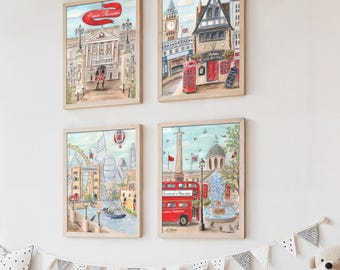 London Watercolor Prints, Set of 4, CUSTOM Unframed Physical Posters, Paddington Birthday Gift