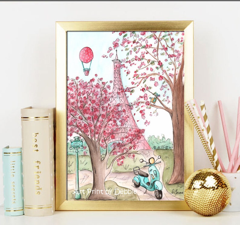 Pink Paris Eiffel Tower Wall Art Decor French Watercolor Etsy