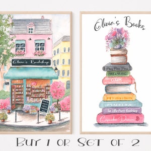 May include: Two watercolor illustrations, one of a pink building with a sign that reads "Olivia's Bookshop" and the other of a stack of books with a flower pot on top. The text "Olivia's Books" is at the top of the second illustration.