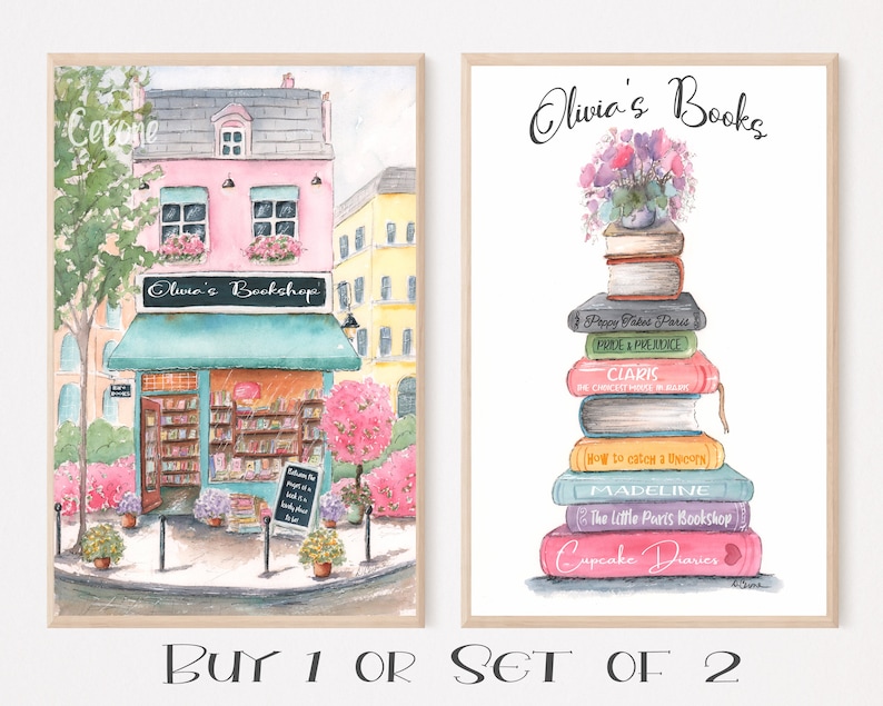 May include: Two watercolor illustrations, one of a pink building with a sign that reads "Olivia's Bookshop" and the other of a stack of books with a flower pot on top. The text "Olivia's Books" is at the top of the second illustration.