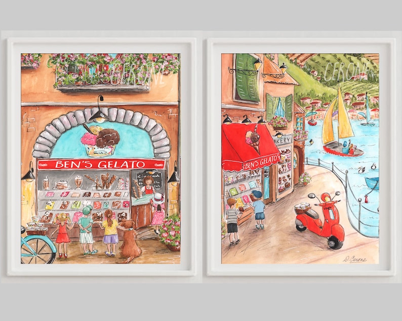 Gelato Ice Cream Posters, Personalized Italian Kids Room Decor, Set Of 2 Ice Cream Prints, Italy Coast Painting, Colorful, Red Kitchen Art image 2