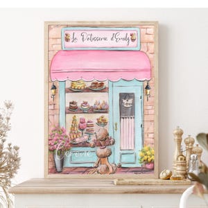 Custom Name Paris Watercolor Print, Personalized French Laduree Patisserie Poster, Travel Theme Baby Shower Gift, Baby Girl Nursery Wall Art image 1