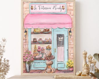 Custom Name Paris Watercolor Print, Personalized French Laduree Patisserie Poster, Travel Theme Baby Shower Gift, Baby Girl Nursery Wall Art