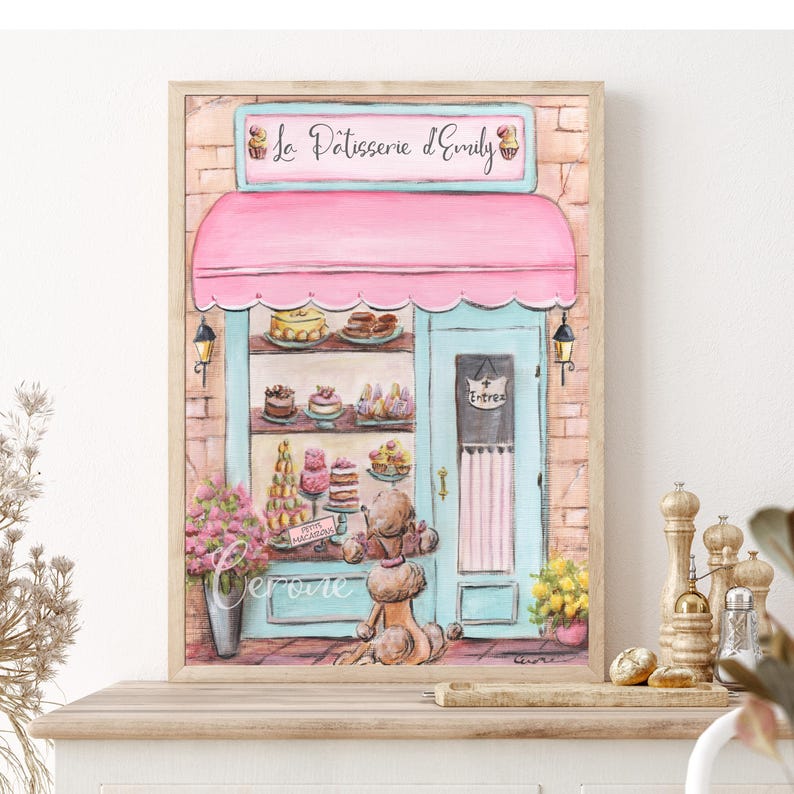 Custom Name Paris Watercolor Print, Personalized French Laduree Patisserie Poster, Travel Theme Baby Shower Gift, Baby Girl Nursery Wall Art image 1