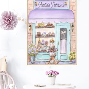 May include: A watercolor painting of a pastel-colored storefront with a sign that reads "Amelia's Patisserie". The storefront has a lavender awning and a turquoise door with a sign that reads "Entree". A poodle stands outside the shop looking at the pastries in the window.
