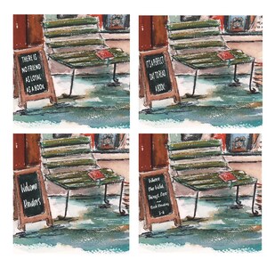 May include: A watercolor illustration of a bench with a book on it and a chalkboard sign that says "There is no friend as loyal as a book". The bench is in front of a bookstore with bookshelves and stacks of books.
