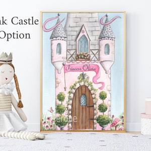 May include: A watercolor illustration of a pink castle with a banner that reads "Princess Olivia". The castle has a brown door, green bushes, and pink flowers.