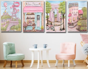 Paris Nursery Decor, Personalized Baby Name Prints, French Wall Art, Set Of 4