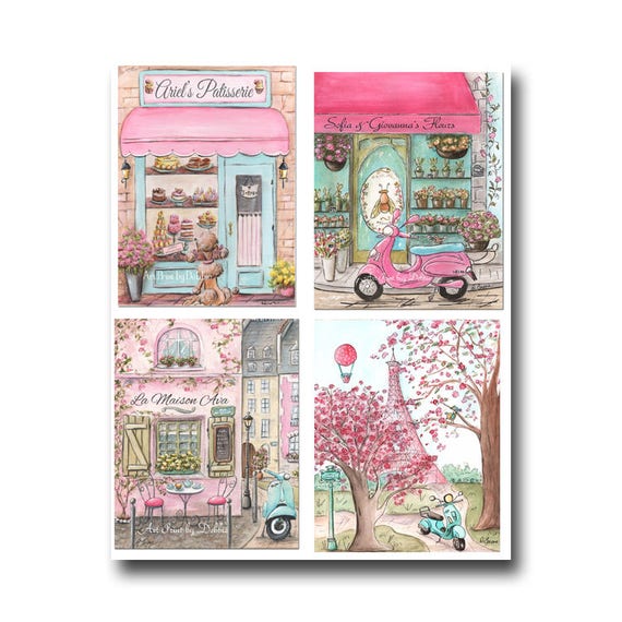 Paris Bedroom Decor Set Of 4 Personalized Girls Travel Themed Nursery Pink Baby Shower Gift Paris Themed Party Paris Decor 5x7 To 24x36