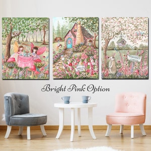 Vintage Fairy Garden Party, Set Of 3 Prints, All Personalized, Flowers, Butterflies, Fairies, Owls, Tea Party, Great Baby Shower Gift BRIGHT PINK