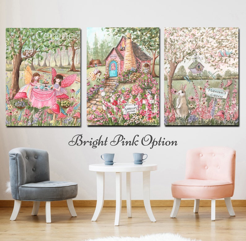 Vintage Fairy Garden Party, Set Of 3 Prints, All Personalized, Flowers, Butterflies, Fairies, Owls, Tea Party, Great Baby Shower Gift BRIGHT PINK