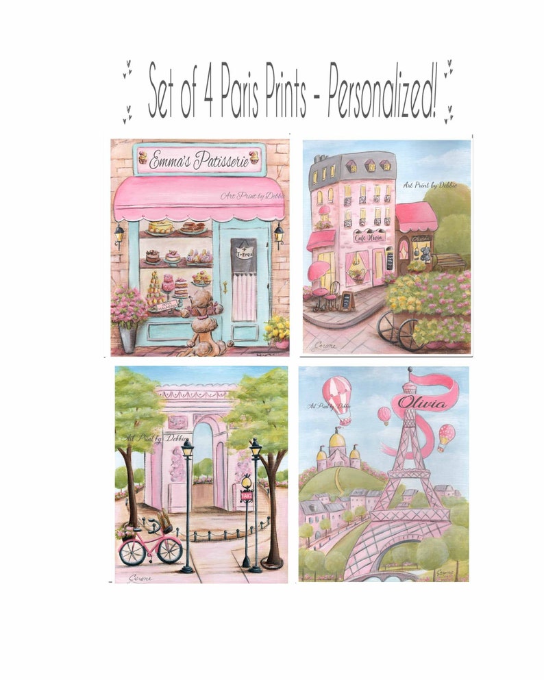 Pink Room Decor Girly, Set Of 4 Prints, Personalized Name, Custom Baby Name, French Themed Nursery Paris Wall Art, Laduree, Eiffel Tower image 1