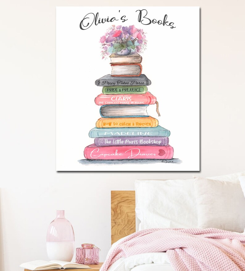 Personalized Stack of Books Print, Reading Nook Playroom Artwork ...