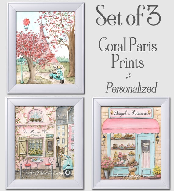 Girls Bedroom Set Of 3 Watercolor Prints Paris Theme Coral Pink Personalized With Girl S Name Baby Girl Nursery Wall Art Custom Name Decor