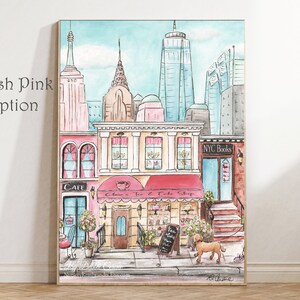 K&ouml;nnte beinhalten: Ein Aquarellbild einer Stadtstra&szlig;e mit Geb&auml;uden, Gesch&auml;ften und einem Hund. Die Gesch&auml;fte sind ein Caf&eacute;, ein Tee- und Kuchenladen und eine Buchhandlung. Die Geb&auml;ude sind in Rosa, Gelb und Blau gestrichen. Der Hund ist braun-wei&szlig; und geht an der Leine. Das Bild ist mit "Blush Pink Option" betitelt.