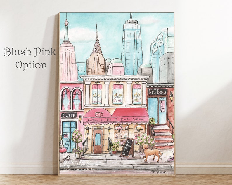 K&ouml;nnte beinhalten: Ein Aquarellbild einer Stadtstra&szlig;e mit Geb&auml;uden, Gesch&auml;ften und einem Hund. Die Gesch&auml;fte sind ein Caf&eacute;, ein Tee- und Kuchenladen und eine Buchhandlung. Die Geb&auml;ude sind in Rosa, Gelb und Blau gestrichen. Der Hund ist braun-wei&szlig; und geht an der Leine. Das Bild ist mit "Blush Pink Option" betitelt.